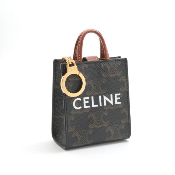 CELINE Triomphe Canvas Micro Vertical Cabas Charm PVC Brown  Celine Charm Brown Gold Triomphe Canvas Logo Micro Vertical Cabas